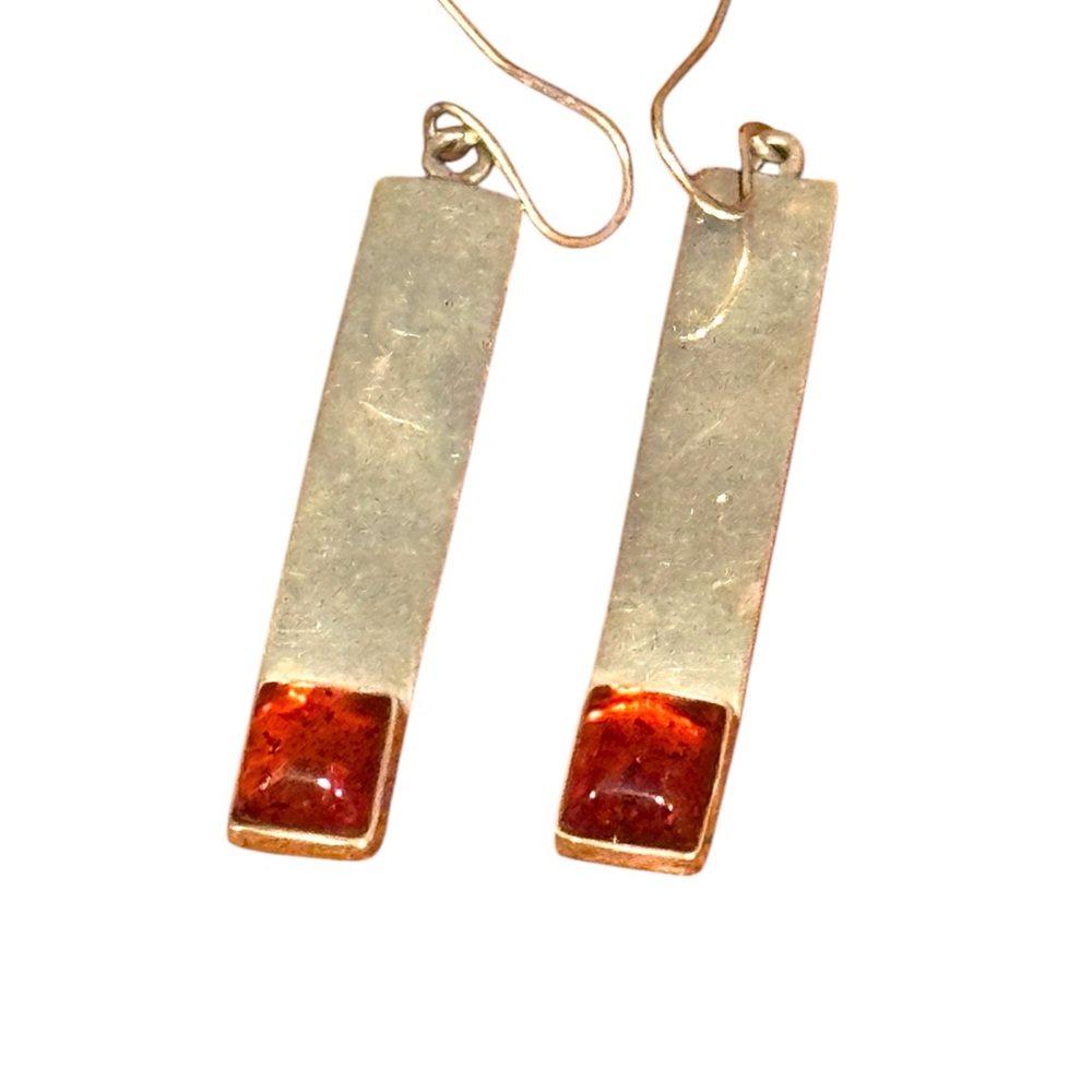 Elegant Vintage Russian Baltic Amber Sterling Silver Modernist dangle Earrings